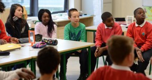 Educate Together: 5th-class students taking part in the philosophy, ‘thinking time’ session at Balbriggan Educate Together NS, Balbriggan. Photographer: Dara Mac Dónaill